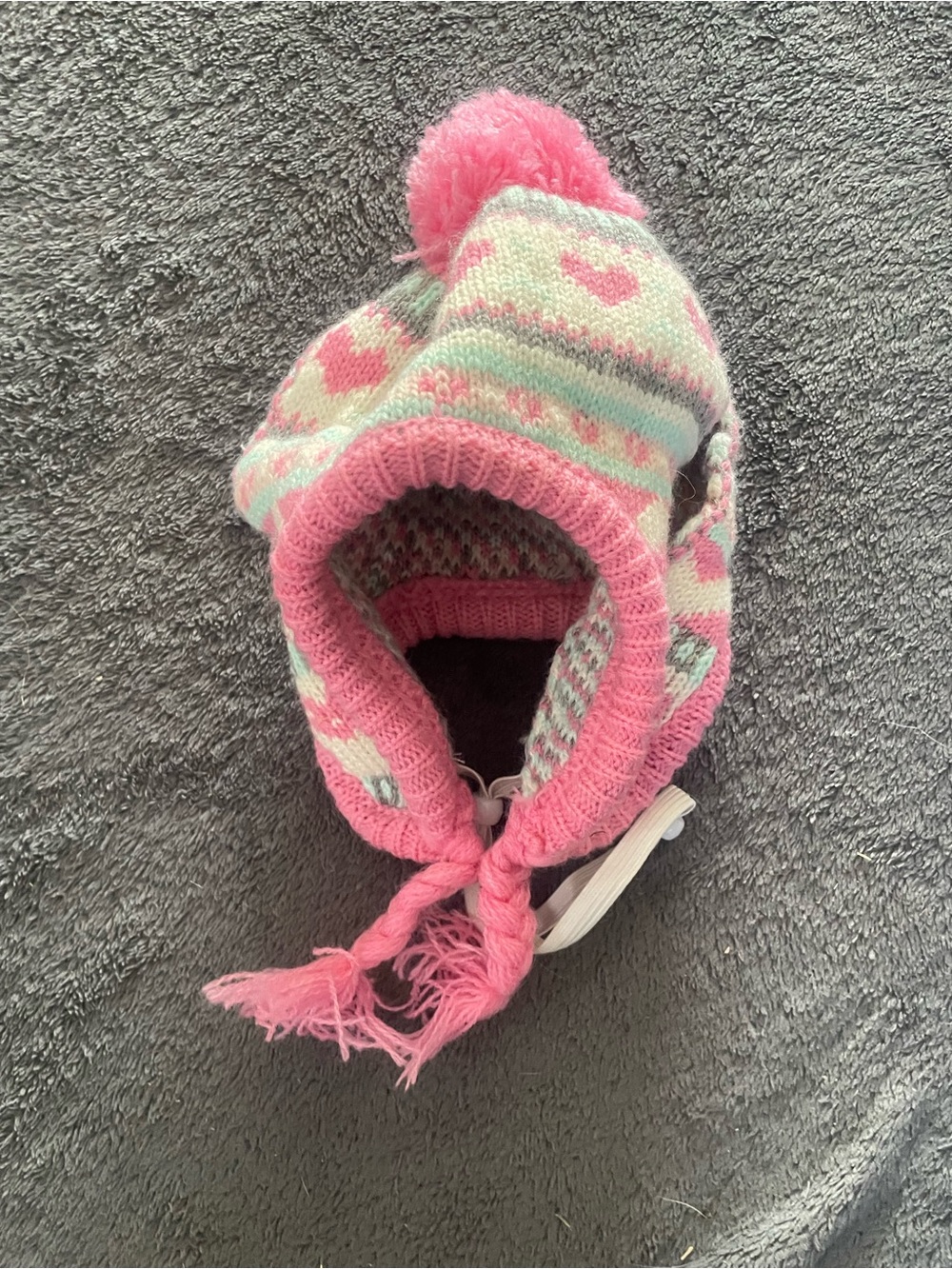 Pink Pom-Pom Knit Dog Earflap Hat with Heart Pattern